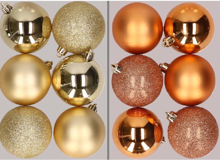 Merkloos 12x stuks kunststof kerstballen mix van goud en koper 8 cm Kerstbal