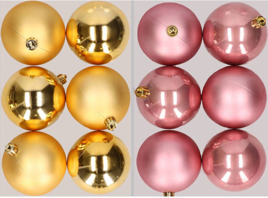 Merkloos 12x stuks kunststof kerstballen mix van goud en oudroze 8 cm Kerstbal