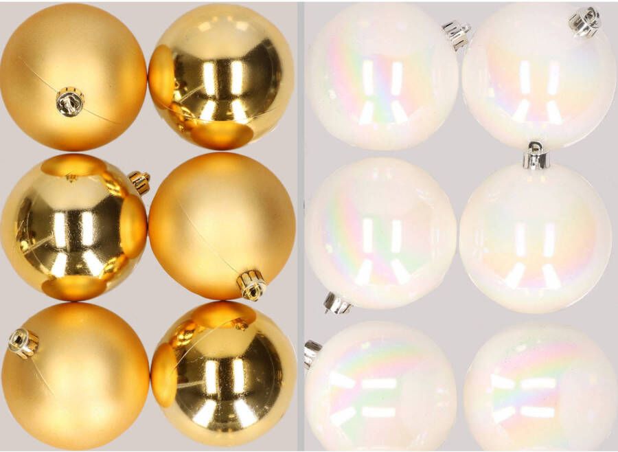 Merkloos 12x stuks kunststof kerstballen mix van goud en parelmoer wit 8 cm Kerstbal