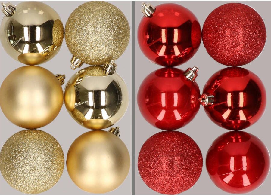 Merkloos 12x stuks kunststof kerstballen mix van goud en rood 8 cm Kerstbal