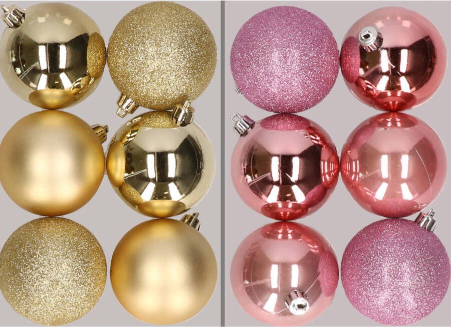 Merkloos 12x stuks kunststof kerstballen mix van goud en roze 8 cm Kerstbal