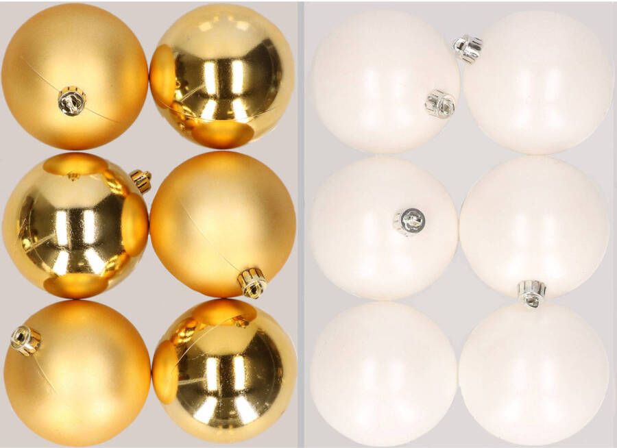 Merkloos 12x stuks kunststof kerstballen mix van goud en winter wit 8 cm Kerstbal