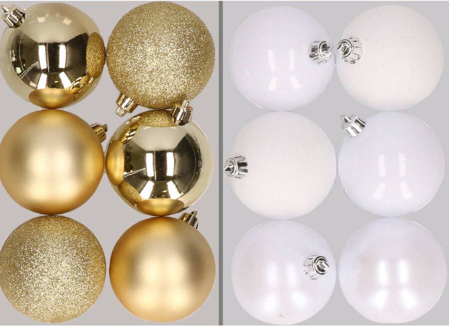 Merkloos 12x stuks kunststof kerstballen mix van goud en wit 8 cm Kerstbal
