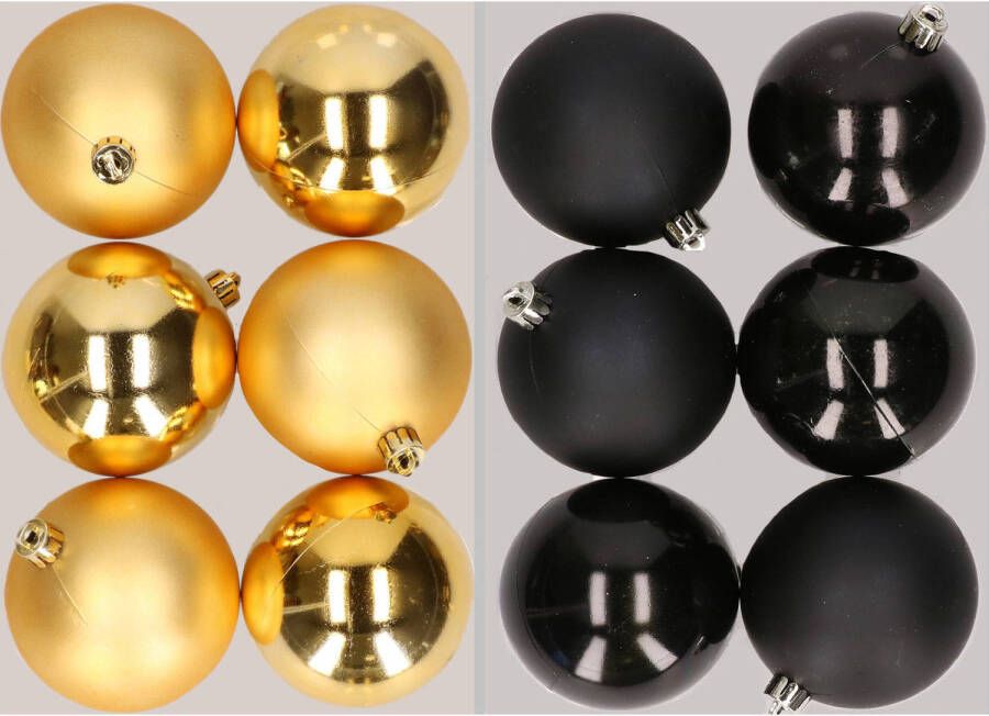 Merkloos 12x stuks kunststof kerstballen mix van goud en zwart 8 cm Kerstbal