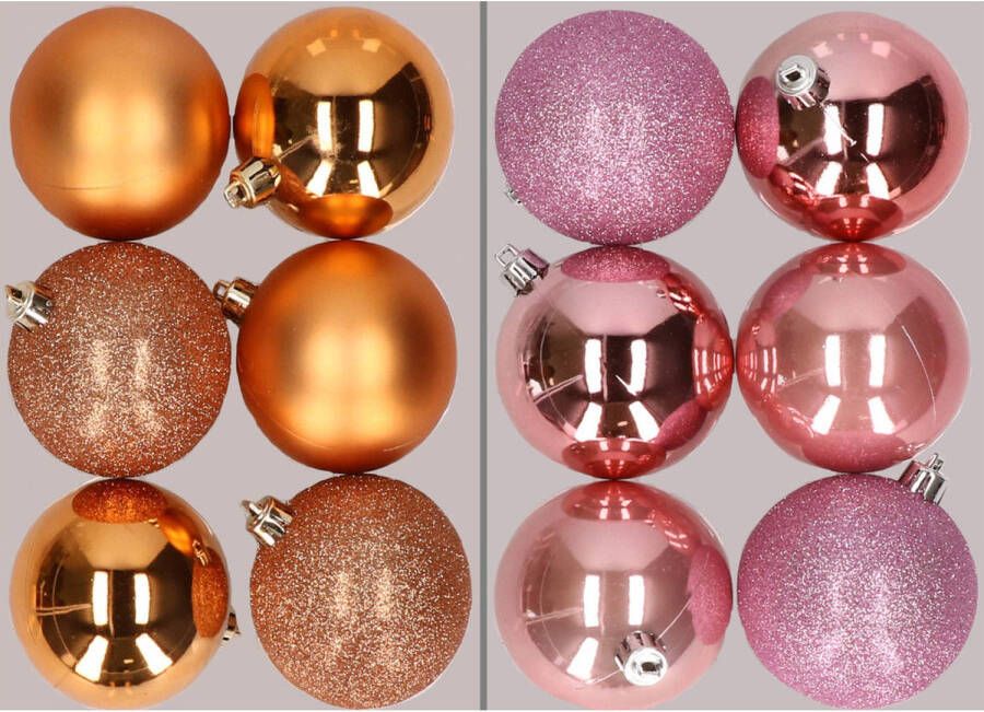 Merkloos 12x stuks kunststof kerstballen mix van koper en roze 8 cm Kerstbal