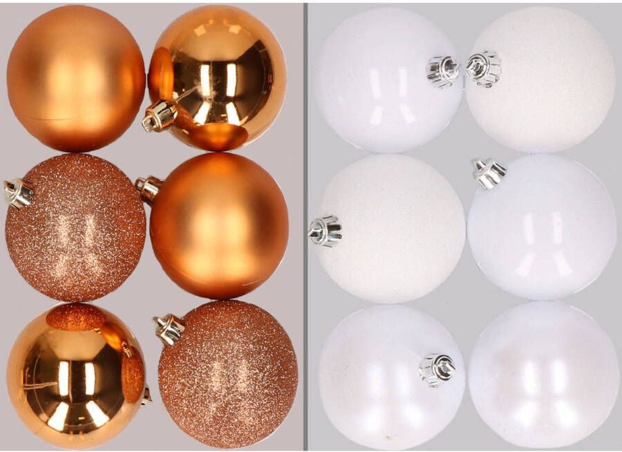 Merkloos 12x stuks kunststof kerstballen mix van koper en wit 8 cm Kerstbal