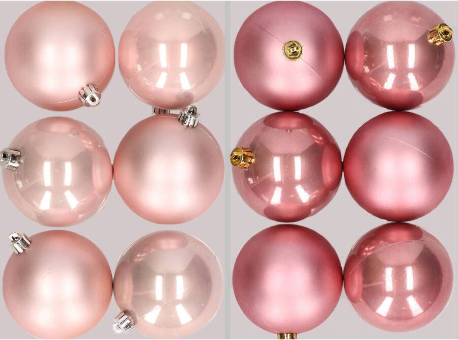 Merkloos 12x stuks kunststof kerstballen mix van lichtroze en oudroze 8 cm Kerstbal