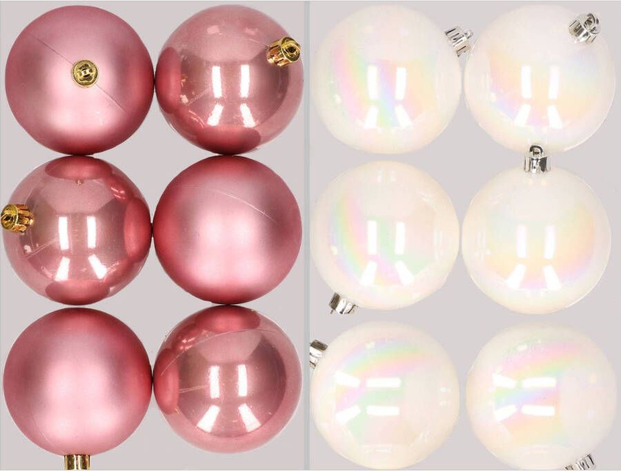 Merkloos 12x stuks kunststof kerstballen mix van oudroze en parelmoer wit 8 cm Kerstbal