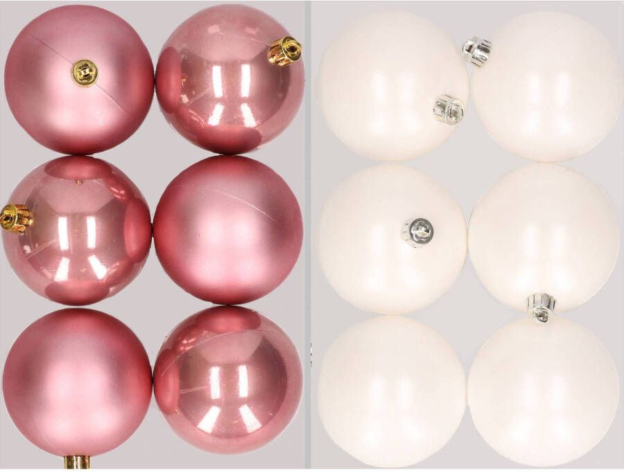 Merkloos 12x stuks kunststof kerstballen mix van oudroze en winter wit 8 cm Kerstbal