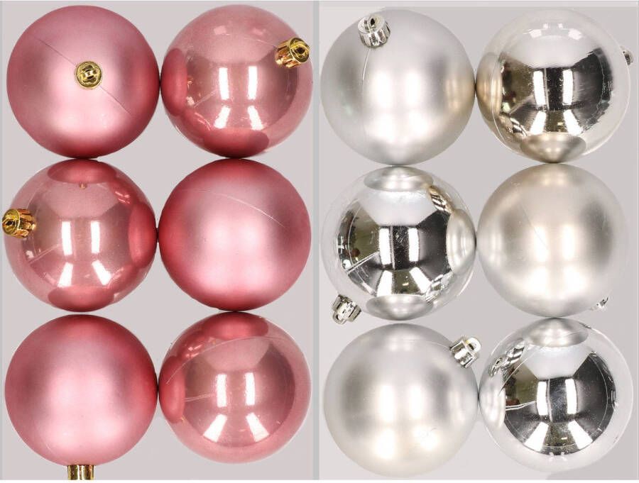 Merkloos 12x stuks kunststof kerstballen mix van oudroze en zilver 8 cm Kerstbal