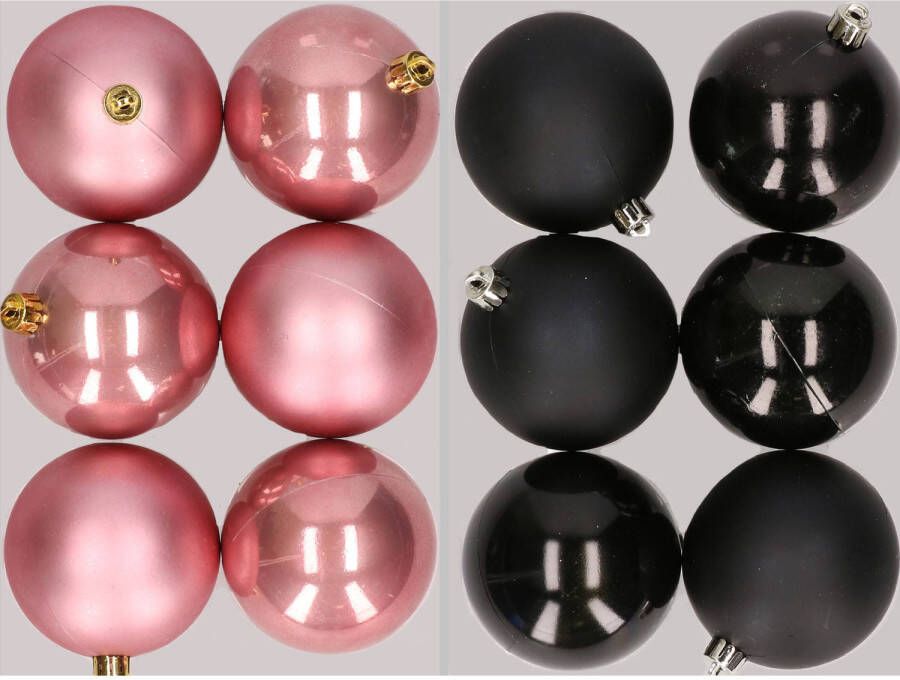Merkloos 12x stuks kunststof kerstballen mix van oudroze en zwart 8 cm Kerstbal