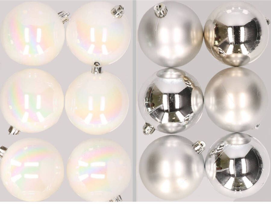 Merkloos 12x stuks kunststof kerstballen mix van parelmoer wit en zilver 8 cm Kerstbal