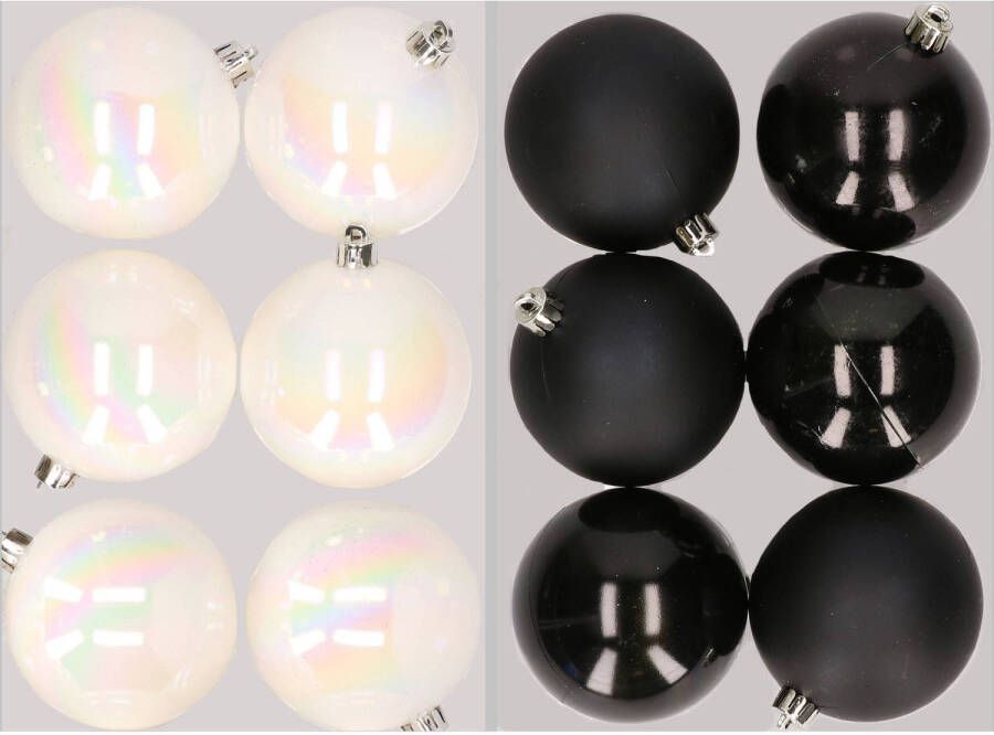 Merkloos 12x stuks kunststof kerstballen mix van parelmoer wit en zwart 8 cm Kerstbal