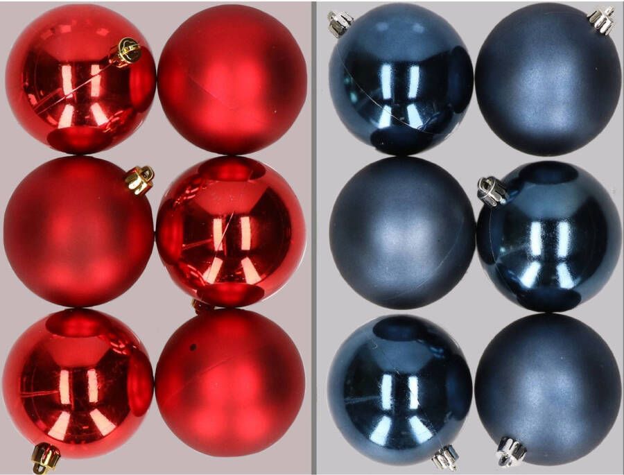 Merkloos 12x stuks kunststof kerstballen mix van rood en donkerblauw 8 cm Kerstbal