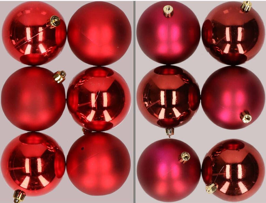 Merkloos 12x stuks kunststof kerstballen mix van rood en donkerrood 8 cm Kerstbal