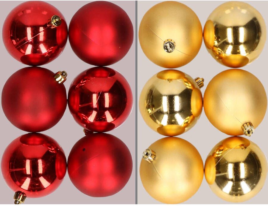 Merkloos 12x stuks kunststof kerstballen mix van rood en goud 8 cm Kerstbal