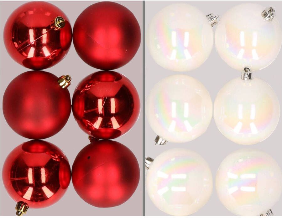 Merkloos 12x stuks kunststof kerstballen mix van rood en parelmoer wit 8 cm Kerstbal