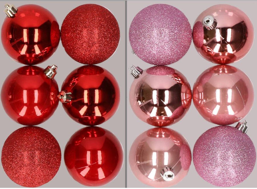 Merkloos 12x stuks kunststof kerstballen mix van rood en roze 8 cm Kerstbal