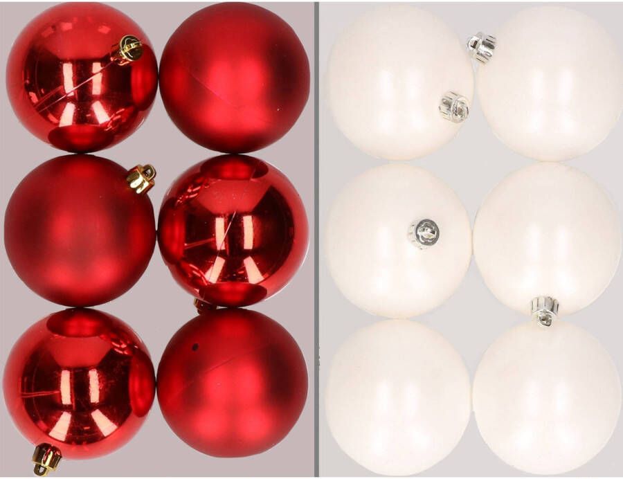 Merkloos 12x stuks kunststof kerstballen mix van rood en wit 8 cm Kerstbal