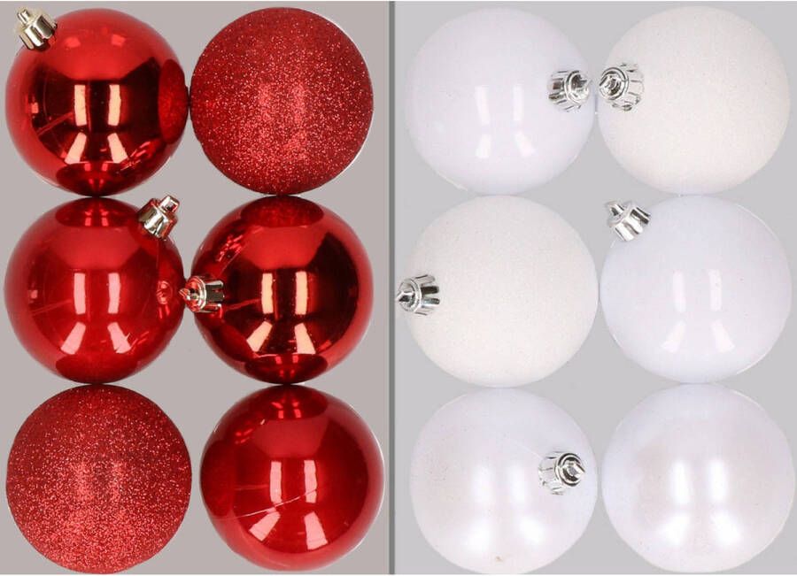 Merkloos 12x stuks kunststof kerstballen mix van rood en wit 8 cm Kerstbal