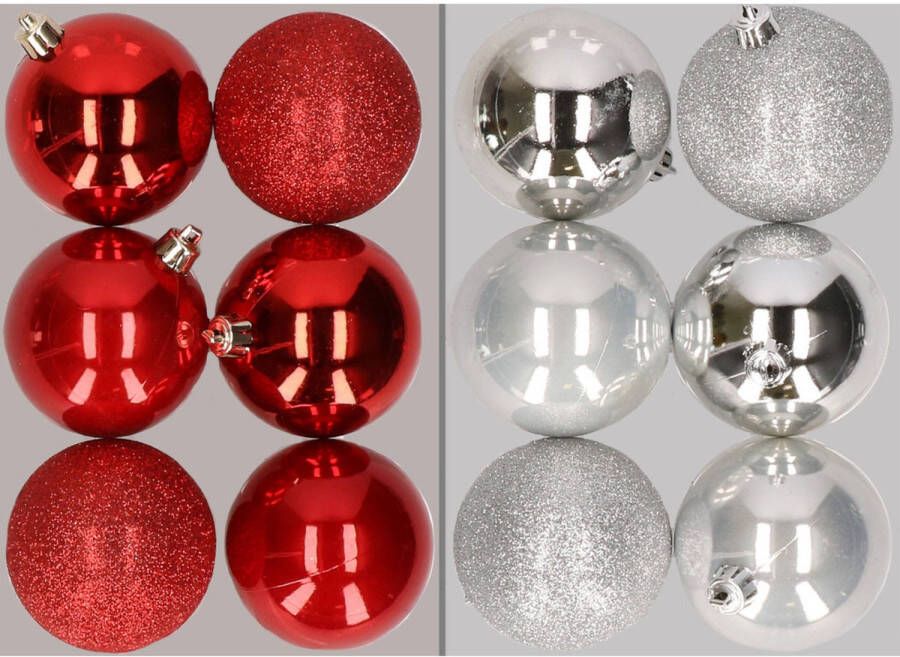 Merkloos 12x stuks kunststof kerstballen mix van rood en zilver 8 cm Kerstbal