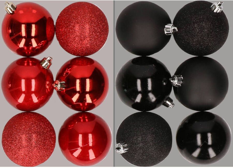 Merkloos 12x stuks kunststof kerstballen mix van rood en zwart 8 cm Kerstbal