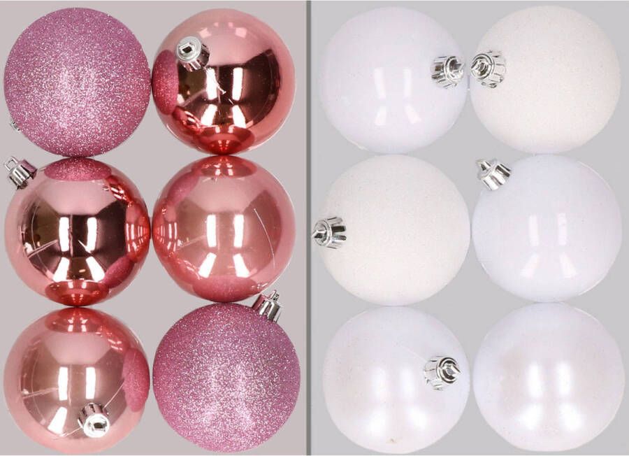 Merkloos 12x stuks kunststof kerstballen mix van roze en wit 8 cm Kerstbal