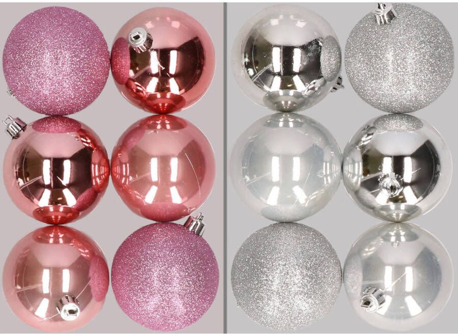Merkloos 12x stuks kunststof kerstballen mix van roze en zilver 8 cm Kerstbal
