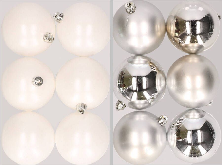 Merkloos 12x stuks kunststof kerstballen mix van winter wit en zilver 8 cm Kerstbal