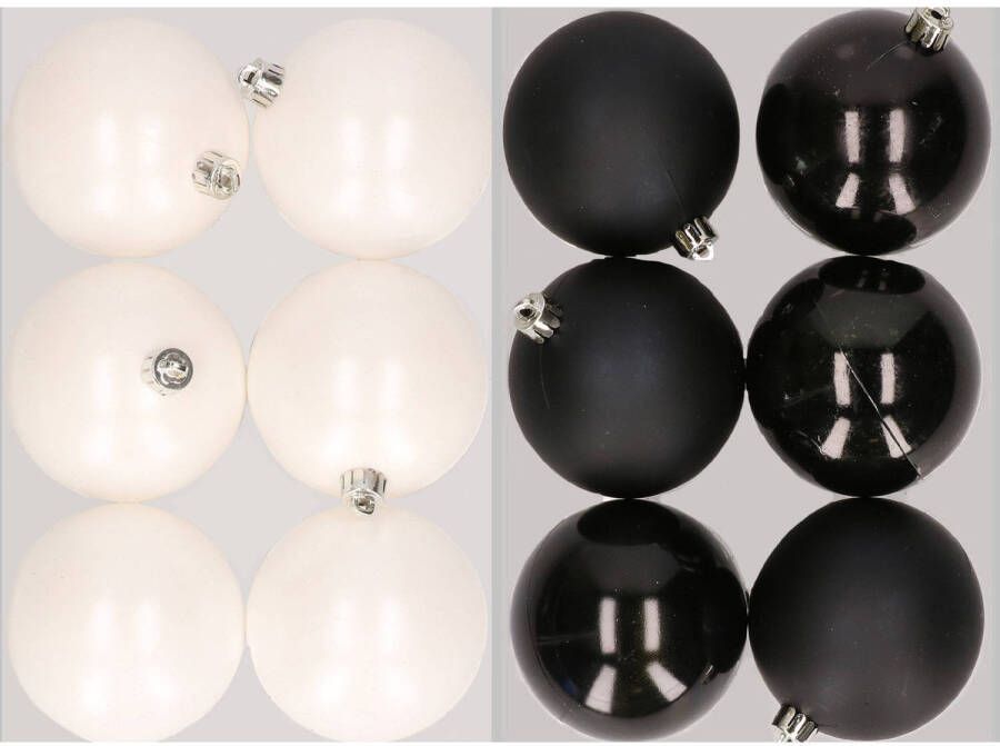 Merkloos 12x stuks kunststof kerstballen mix van winter wit en zwart 8 cm Kerstbal