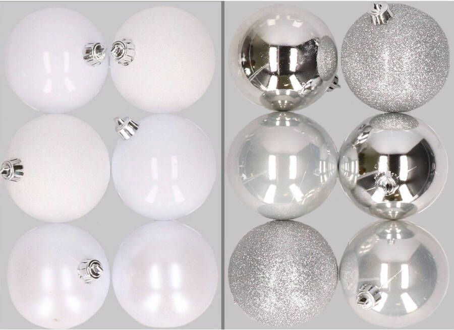 Merkloos 12x stuks kunststof kerstballen mix van wit en zilver 8 cm Kerstbal