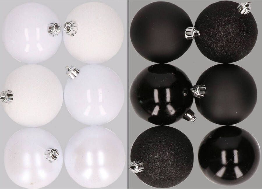 Merkloos 12x stuks kunststof kerstballen mix van wit en zwart 8 cm Kerstbal