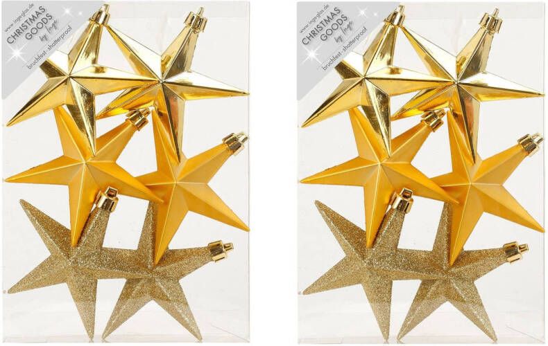 Merkloos 12x stuks kunststof kersthangers sterren goud 10 cm kerstornamenten Kersthangers