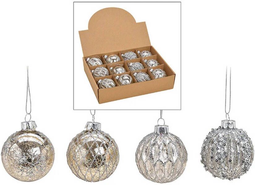 Merkloos 12x stuks luxe gedecoreerde glazen kerstballen zilver 6 cm Kerstbal