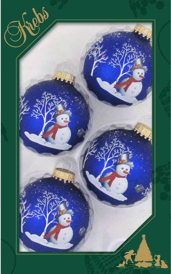 Merkloos 12x stuks luxe glazen kerstballen 7 cm blauw met sneeuwpop Kerstbal