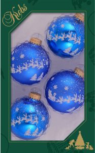 Merkloos 12x stuks luxe glazen kerstballen 7 cm blauw met witte slee Kerstbal