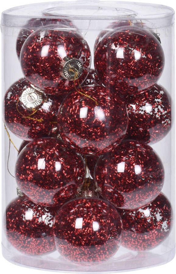 Merkloos 16x Doorzichtige kunststof kerstballen met rode decoratie 8 cm Kerstbal