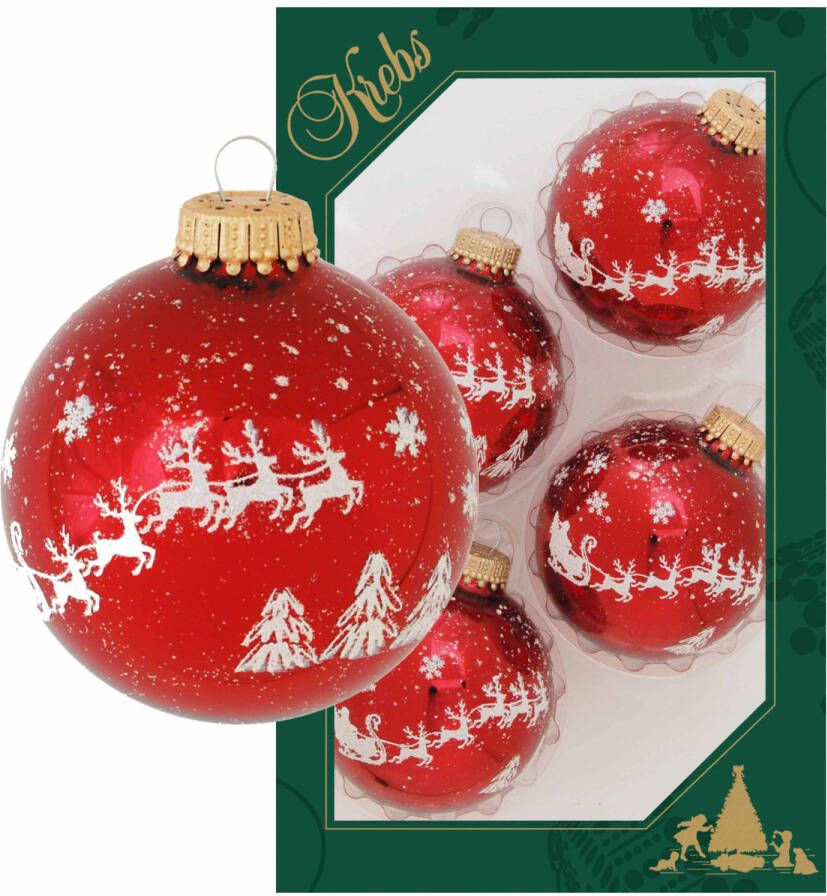 Merkloos 16x Luxe rode glazen kerstballen met rendier opdruk 7 cm kerstversiering Kerstbal