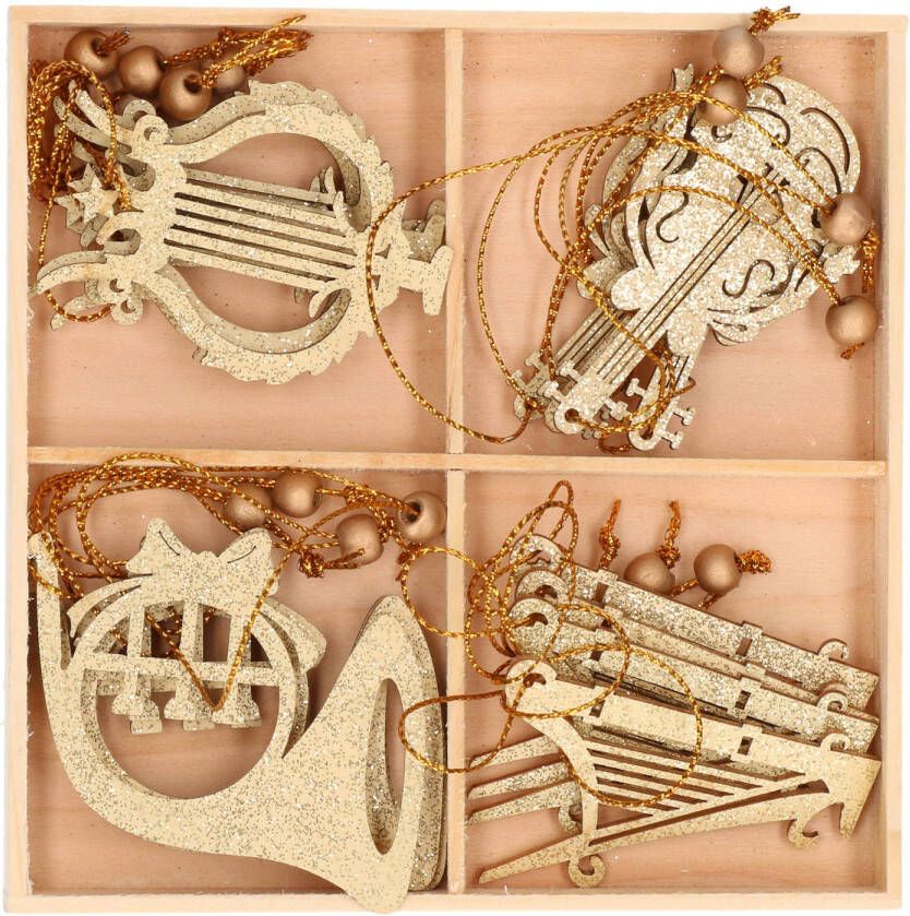 Merkloos 16x Houten kersthangers muziekinstrumenten ornamenten goud 6-7 cm Kersthangers