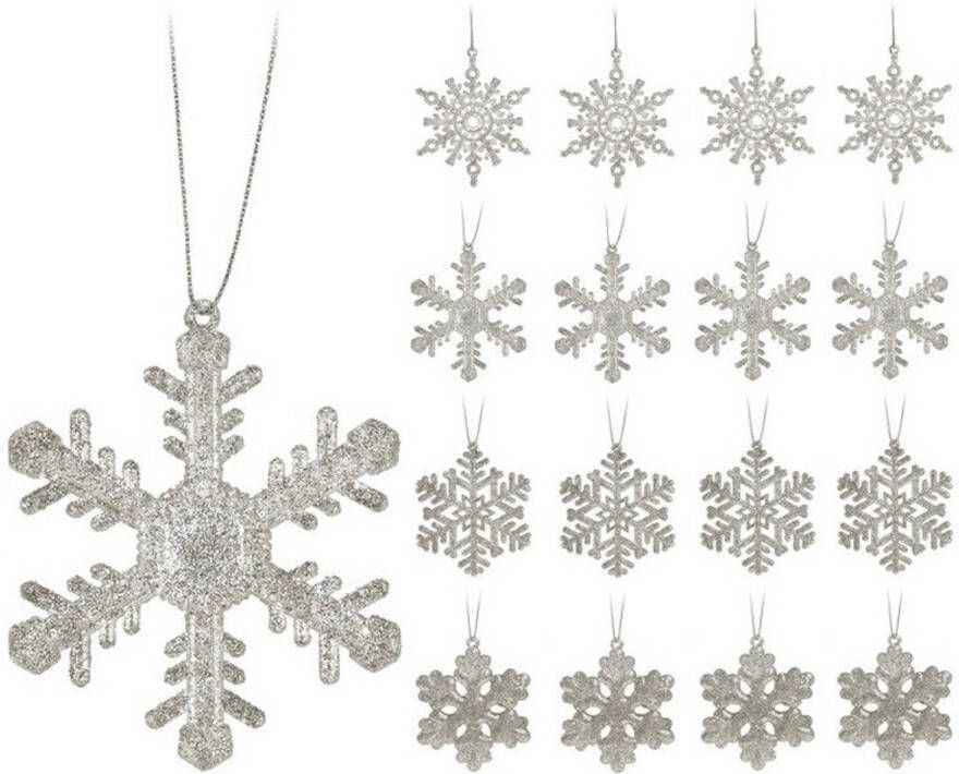 Merkloos 16x Zilveren sneeuwvlok ijsster kerstornamenten kerst hangers 10 cm met glitters Kersthangers