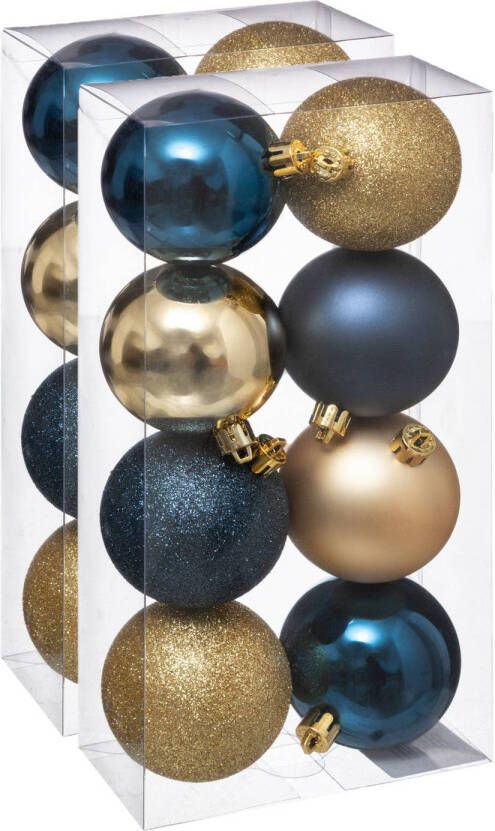 Merkloos 16x stuks kerstballen mix blauw champagne glans en mat kunststof 7 cm Kerstbal