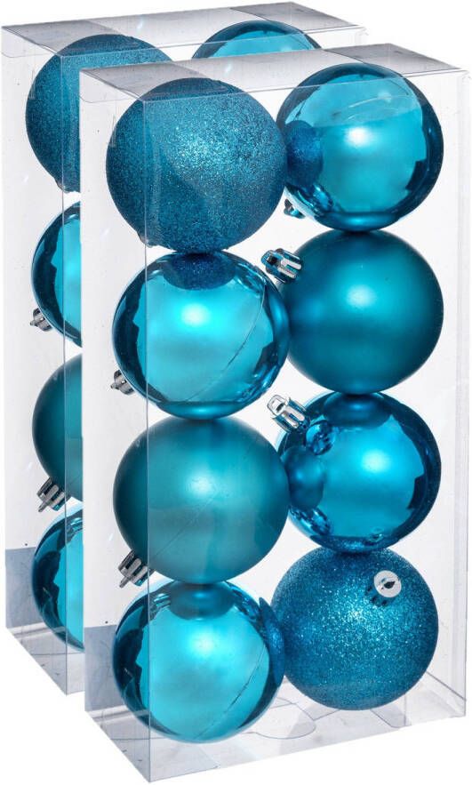 Merkloos 16x stuks kerstballen turquoise blauw glans en mat kunststof 7 cm Kerstbal