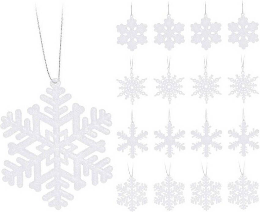 Merkloos 16x Witte sneeuwvlok ijsster kerstornamenten kerst hangers 10 cm met glitters Kersthangers
