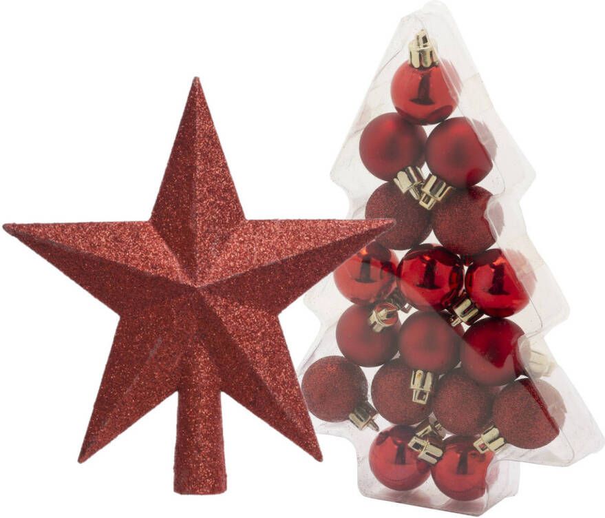 Merkloos 17x stuks kerstballen 3 cm inclusief ster piek rood kunststof Kerstbal
