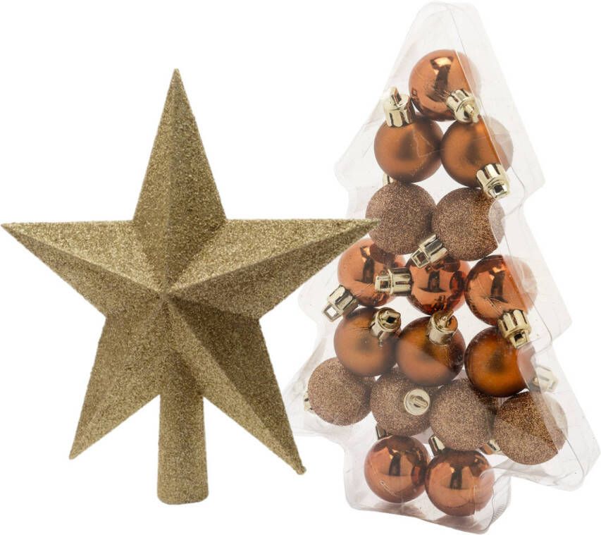 Merkloos 17x stuks kerstballen koper 3 cm inclusief ster piek goud kunststof Kerstbal