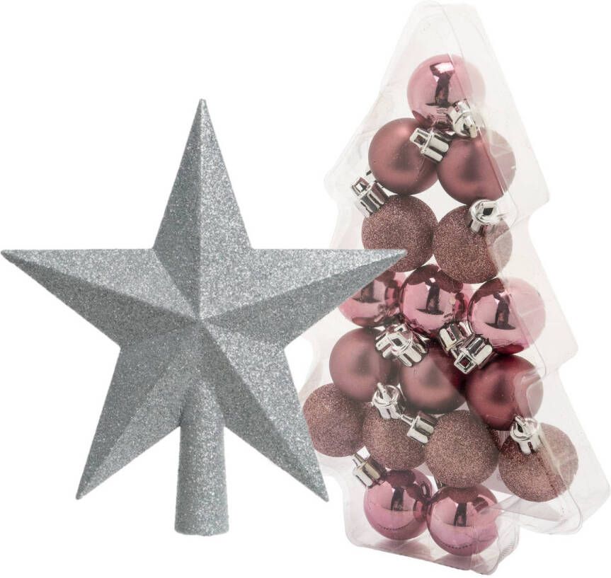 Merkloos 17x stuks kerstballen roze 3 cm inclusief ster piek zilver kunststof Kerstbal