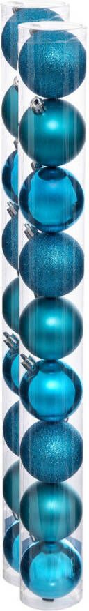 Merkloos 18x stuks kerstballen turquoise blauw glans en mat kunststof 6 cm Kerstbal