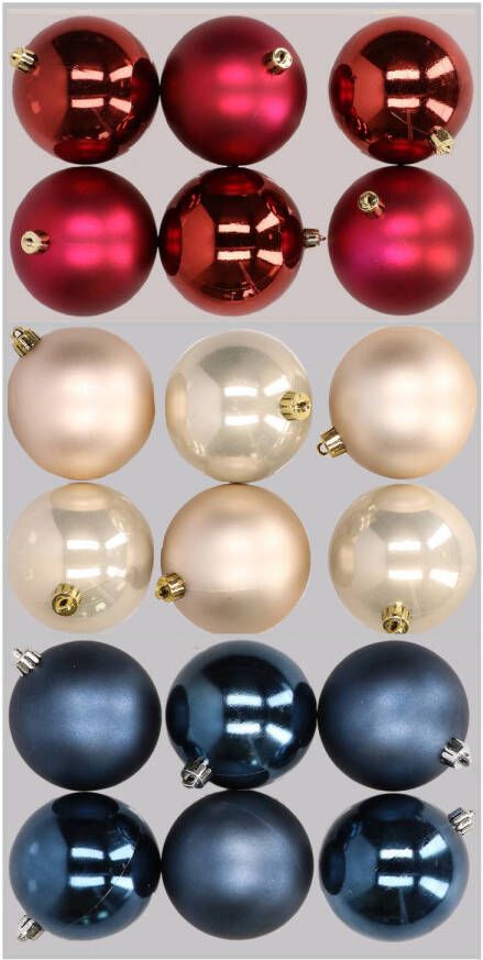 Merkloos 18x stuks kunststof kerstballen mix van donkerblauw champagne en donkerrood 8 cm Kerstbal