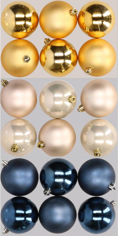Merkloos 18x stuks kunststof kerstballen mix van donkerblauw champagne en goud 8 cm Kerstbal