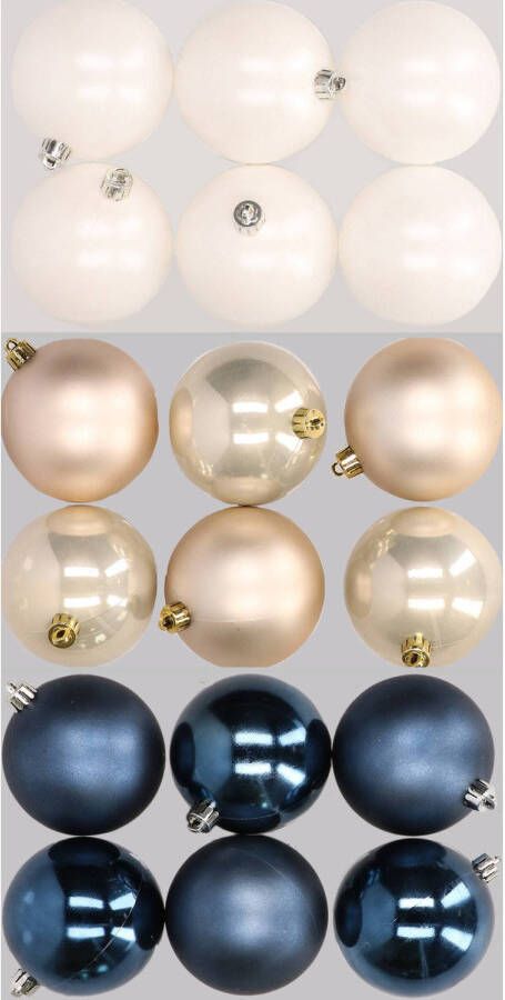 Merkloos 18x stuks kunststof kerstballen mix van donkerblauw champagne en wit 8 cm Kerstbal